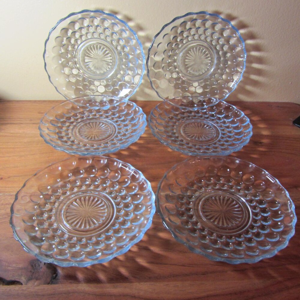 blue bubble glass 6 saucers appetizer plate anchor hocking vintage (w3356)